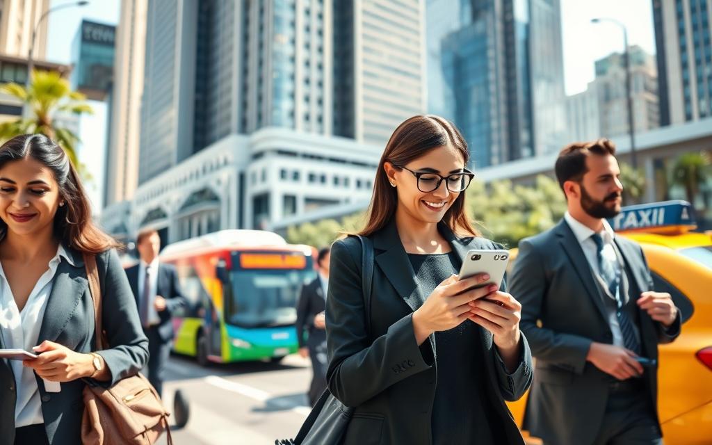 A busy urban street scene depicting a group of diverse professionals in modern business attire, engaging with public transportation options. In the foreground, a woman checks a digital transportation app on her smartphone while holding a vale-transporte card, symbolizing the convenience of commuting. The middle ground features a colorful city bus and a taxi, showcasing various modes of transport. In the background, tall office buildings reflect the hustle of city life under bright, natural daylight. The scene conveys a sense of community and efficiency, emphasizing themes of support and assistance in commuting. The overall mood is positive and inspiring, highlighting the benefits of transportation allowances in the workplace. A busy urban street scene depicting a group of diverse professionals in modern business attire, engaging with public transportation options. In the foreground, a woman checks a digital transportation app on her smartphone while holding a vale-transporte card, symbolizing the convenience of commuting. The middle ground features a colorful city bus and a taxi, showcasing various modes of transport. In the background, tall office buildings reflect the hustle of city life under bright, natural daylight. The scene conveys a sense of community and efficiency, emphasizing themes of support and assistance in commuting. The overall mood is positive and inspiring, highlighting the benefits of transportation allowances in the workplace.