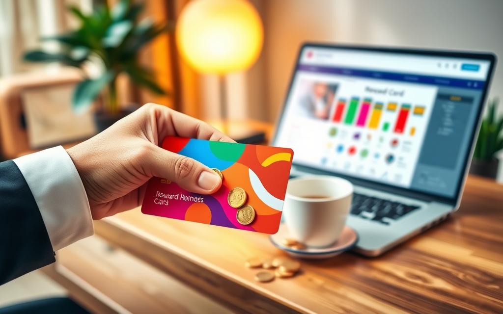 A close-up image of a vibrant, colorful rewards card overflowing with points, glittering coins, and small tokens. In the foreground, display a hand reaching out, elegantly dressed in a professional business attire, strategically placing coins onto the card. In the middle ground, a neatly organized desk is adorned with a laptop open to a rewards program dashboard, and a coffee cup beside it, emitting steam, suggesting productivity. The background features a softly focused office environment with warm lighting, casting a cozy yet motivating atmosphere. The scene captures the excitement of earning rewards, emphasizing tips for accumulating points rapidly, with a bright and optimistic color palette. A close-up image of a vibrant, colorful rewards card overflowing with points, glittering coins, and small tokens. In the foreground, display a hand reaching out, elegantly dressed in a professional business attire, strategically placing coins onto the card. In the middle ground, a neatly organized desk is adorned with a laptop open to a rewards program dashboard, and a coffee cup beside it, emitting steam, suggesting productivity. The background features a softly focused office environment with warm lighting, casting a cozy yet motivating atmosphere. The scene captures the excitement of earning rewards, emphasizing tips for accumulating points rapidly, with a bright and optimistic color palette.