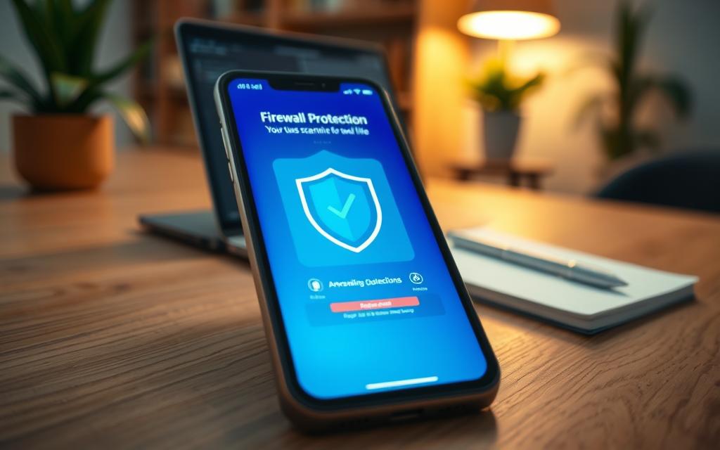A close-up view of a smartphone displaying a cybersecurity antivirus application screen, set on a wooden desk. In the foreground, the phone takes center stage, showing vibrant digital graphics of firewall protection and virus scanning in action, bathed in soft blue and green light. In the middle ground, there’s a laptop and a notepad with a pen, hinting at a professional workspace environment. The background features a cozy home office with a blurred view of plants and bookshelves to create a calm and secure atmosphere. The lighting is warm and inviting, evoking a sense of safety and responsibility in digital transactions. The composition should feel modern, emphasizing the importance of mobile security in everyday life. A close-up view of a smartphone displaying a cybersecurity antivirus application screen, set on a wooden desk. In the foreground, the phone takes center stage, showing vibrant digital graphics of firewall protection and virus scanning in action, bathed in soft blue and green light. In the middle ground, there’s a laptop and a notepad with a pen, hinting at a professional workspace environment. The background features a cozy home office with a blurred view of plants and bookshelves to create a calm and secure atmosphere. The lighting is warm and inviting, evoking a sense of safety and responsibility in digital transactions. The composition should feel modern, emphasizing the importance of mobile security in everyday life.
