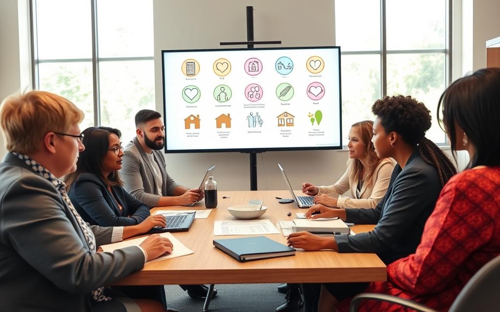 A community meeting scene focusing on social benefits and their importance. In the foreground, diverse individuals of various ages and backgrounds are engaged in a discussion, dressed in professional business attire and modest casual clothing. They are seated around a table with papers, laptops, and charts illustrating social benefits. In the middle ground, a visual representation of social support icons, like healthcare, education, and housing symbols, is displayed on a large screen. The background features a bright, airy office space with large windows letting in natural light, enhancing a mood of collaboration and hope. The camera angle is slightly elevated to capture both the engaging conversation in the foreground and the informational presentation behind. The atmosphere is supportive and optimistic, highlighting the impact of social benefits in the community. A community meeting scene focusing on social benefits and their importance. In the foreground, diverse individuals of various ages and backgrounds are engaged in a discussion, dressed in professional business attire and modest casual clothing. They are seated around a table with papers, laptops, and charts illustrating social benefits. In the middle ground, a visual representation of social support icons, like healthcare, education, and housing symbols, is displayed on a large screen. The background features a bright, airy office space with large windows letting in natural light, enhancing a mood of collaboration and hope. The camera angle is slightly elevated to capture both the engaging conversation in the foreground and the informational presentation behind. The atmosphere is supportive and optimistic, highlighting the impact of social benefits in the community.