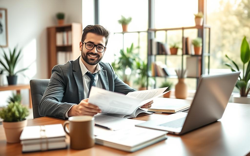A confident, professionally dressed freelance worker sitting at a modern desk, focused on reviewing legal documents and contracts related to their business. In the foreground, detailed office items like a laptop, legal books, and a coffee mug are visible. The middle ground features a dynamic workspace with potted plants and an organized bookshelf filled with business resources. The background showcases a large window providing natural light, illuminating the scene and casting soft shadows, suggesting a bright and optimistic atmosphere. The image conveys a sense of security and empowerment, symbolizing legal protection for freelancers. The overall mood is professional and productive, with a warm color palette that enhances the sense of safety and support. A confident, professionally dressed freelance worker sitting at a modern desk, focused on reviewing legal documents and contracts related to their business. In the foreground, detailed office items like a laptop, legal books, and a coffee mug are visible. The middle ground features a dynamic workspace with potted plants and an organized bookshelf filled with business resources. The background showcases a large window providing natural light, illuminating the scene and casting soft shadows, suggesting a bright and optimistic atmosphere. The image conveys a sense of security and empowerment, symbolizing legal protection for freelancers. The overall mood is professional and productive, with a warm color palette that enhances the sense of safety and support.