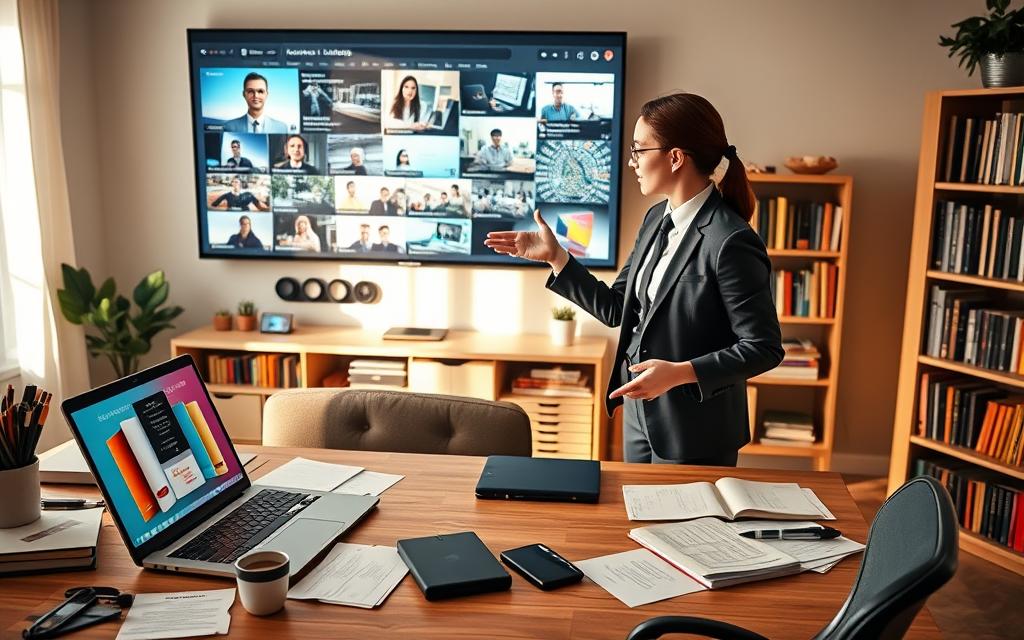 A cozy home office setting with a well-organized desk in the foreground. The desk features a sleek laptop open to a colorful online learning platform, surrounded by scattered notes, a cup of coffee, and a bookshelf filled with educational resources. In the middle ground, a focused learner, dressed in smart business casual attire, gestures enthusiastically towards a large wall-mounted screen displaying various online courses and tutorial videos. The background shows a calming interior with soft, natural lighting filtering through a window, casting gentle shadows. The atmosphere is warm and inviting, inspiring creativity and the joy of learning. The scene captures a moment of engagement with digital resources, emphasizing the ease of accessing knowledge from home. A cozy home office setting with a well-organized desk in the foreground. The desk features a sleek laptop open to a colorful online learning platform, surrounded by scattered notes, a cup of coffee, and a bookshelf filled with educational resources. In the middle ground, a focused learner, dressed in smart business casual attire, gestures enthusiastically towards a large wall-mounted screen displaying various online courses and tutorial videos. The background shows a calming interior with soft, natural lighting filtering through a window, casting gentle shadows. The atmosphere is warm and inviting, inspiring creativity and the joy of learning. The scene captures a moment of engagement with digital resources, emphasizing the ease of accessing knowledge from home.