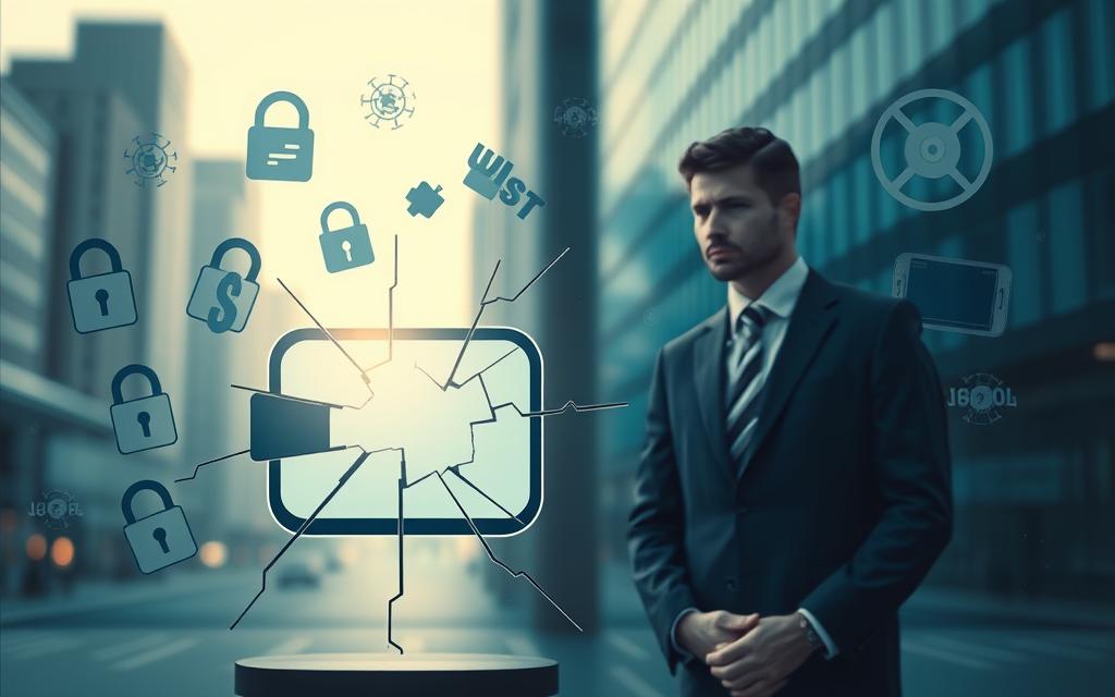 A digital wallet icon is depicted prominently in the foreground, featuring a fragmented, cracked screen to symbolize vulnerabilities and disadvantages. Surrounding the wallet are abstract representations of digital threats, such as lock symbols with broken chains, abstract malware icons, and swirling data streams to convey insecurity. The middle ground includes a blurred silhouette of a worried user, dressed in professional business attire, looking towards the wallet with a concerned expression, reflecting hesitation and uncertainty. In the background, a cool-toned cityscape with dim lighting enhances the sense of a modern yet risky digital environment. Natural lighting casts soft shadows, creating a somber and contemplative atmosphere, perfect for illustrating the drawbacks of digital wallets.