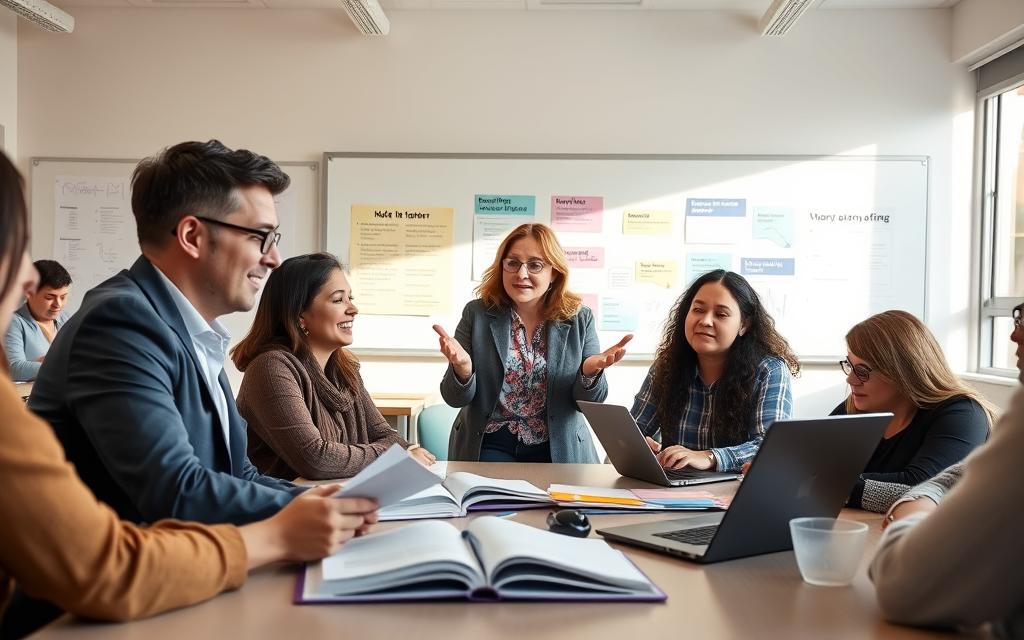 A diverse group of adult learners gathered around a table in a well-lit, modern classroom. In the foreground, two individuals, a man in business attire and a woman in modest casual clothing, discuss a book and take notes on laptops. In the middle, a woman gesturing animatedly shares ideas, surrounded by engaged learners. The background features a whiteboard with colorful diagrams and motivational posters. Soft, natural lighting pours in through large windows, creating a warm, inviting atmosphere. The scene conveys collaboration and enthusiasm for learning, capturing the advantages of studying in groups for adults returning to education. The perspective is slightly elevated, showing the dynamics of the group interaction. A diverse group of adult learners gathered around a table in a well-lit, modern classroom. In the foreground, two individuals, a man in business attire and a woman in modest casual clothing, discuss a book and take notes on laptops. In the middle, a woman gesturing animatedly shares ideas, surrounded by engaged learners. The background features a whiteboard with colorful diagrams and motivational posters. Soft, natural lighting pours in through large windows, creating a warm, inviting atmosphere. The scene conveys collaboration and enthusiasm for learning, capturing the advantages of studying in groups for adults returning to education. The perspective is slightly elevated, showing the dynamics of the group interaction.