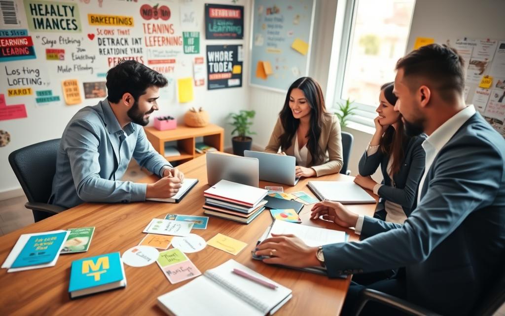 A dynamic and inviting workspace featuring a diverse group of four individuals engaged in learning. The foreground highlights a modern wooden table cluttered with notebooks, a laptop, and colorful learning resources like flashcards and educational posters. In the middle, the individuals, dressed in professional business attire, are actively discussing and exchanging ideas. The background showcases a vibrant wall filled with motivational quotes and a bulletin board filled with various learning aids. Soft, natural lighting filters through a nearby window, creating a bright and inspiring atmosphere. The angle is slightly above eye level, providing a holistic view of collaboration and knowledge sharing, emphasizing the theme of enriching one’s learning experience online. A dynamic and inviting workspace featuring a diverse group of four individuals engaged in learning. The foreground highlights a modern wooden table cluttered with notebooks, a laptop, and colorful learning resources like flashcards and educational posters. In the middle, the individuals, dressed in professional business attire, are actively discussing and exchanging ideas. The background showcases a vibrant wall filled with motivational quotes and a bulletin board filled with various learning aids. Soft, natural lighting filters through a nearby window, creating a bright and inspiring atmosphere. The angle is slightly above eye level, providing a holistic view of collaboration and knowledge sharing, emphasizing the theme of enriching one’s learning experience online.