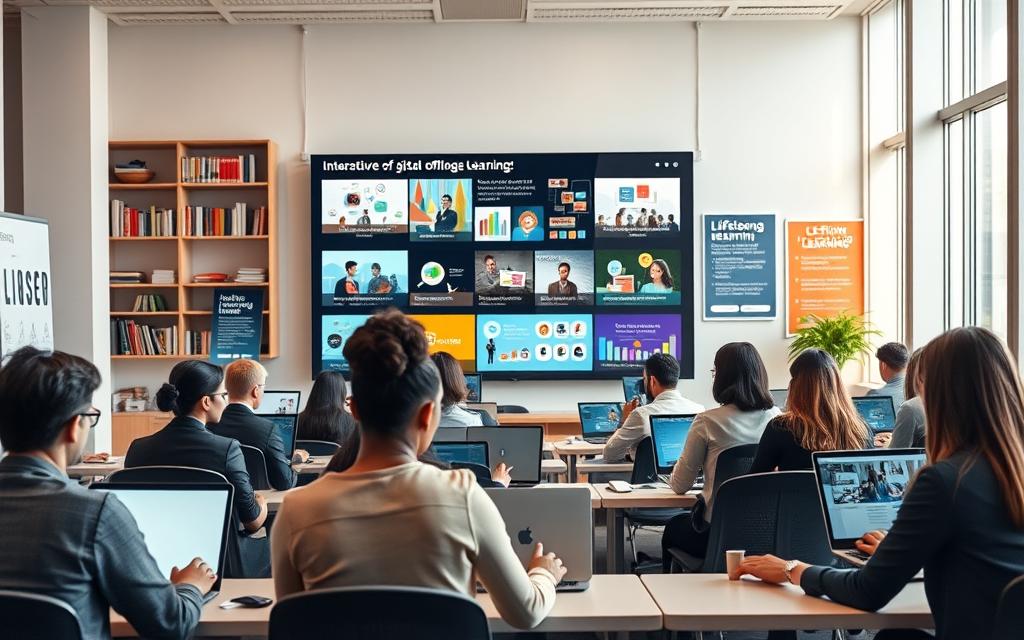 A dynamic, modern digital classroom scene showcasing the future of online learning. In the foreground, a diverse group of professionals dressed in smart casual attire sitting at their laptops, actively engaged in an online course. The middle layer features a large, immersive screen displaying interactive learning modules and visuals, with vibrant colors and engaging graphics. The background includes shelves filled with books and digital resources, alongside motivational posters about lifelong learning. The atmosphere should feel bright and inspiring, illuminated by warm, natural light from large windows suggesting creativity and innovation. The angle should be slightly elevated to capture the vibrancy of the learning environment. A dynamic, modern digital classroom scene showcasing the future of online learning. In the foreground, a diverse group of professionals dressed in smart casual attire sitting at their laptops, actively engaged in an online course. The middle layer features a large, immersive screen displaying interactive learning modules and visuals, with vibrant colors and engaging graphics. The background includes shelves filled with books and digital resources, alongside motivational posters about lifelong learning. The atmosphere should feel bright and inspiring, illuminated by warm, natural light from large windows suggesting creativity and innovation. The angle should be slightly elevated to capture the vibrancy of the learning environment.