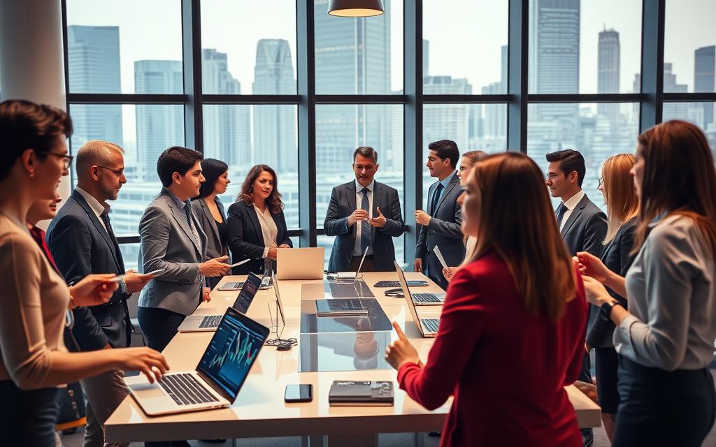 A dynamic networking scene set in a modern office environment. In the foreground, a diverse group of professionals, dressed in business attire, are engaged in animated discussions, exchanging ideas, and exchanging business cards. In the middle ground, a sleek conference table is adorned with laptops and digital devices, with bright screens reflecting graphs and connections. The background is filled with large windows letting in natural light, showcasing an urban skyline that conveys a sense of opportunity. The atmosphere is vibrant and collaborative, emphasizing the excitement of making new connections. Soft, warm lighting highlights the faces of the individuals, creating an inviting mood, while the focus remains clear on the act of networking as the central theme.
