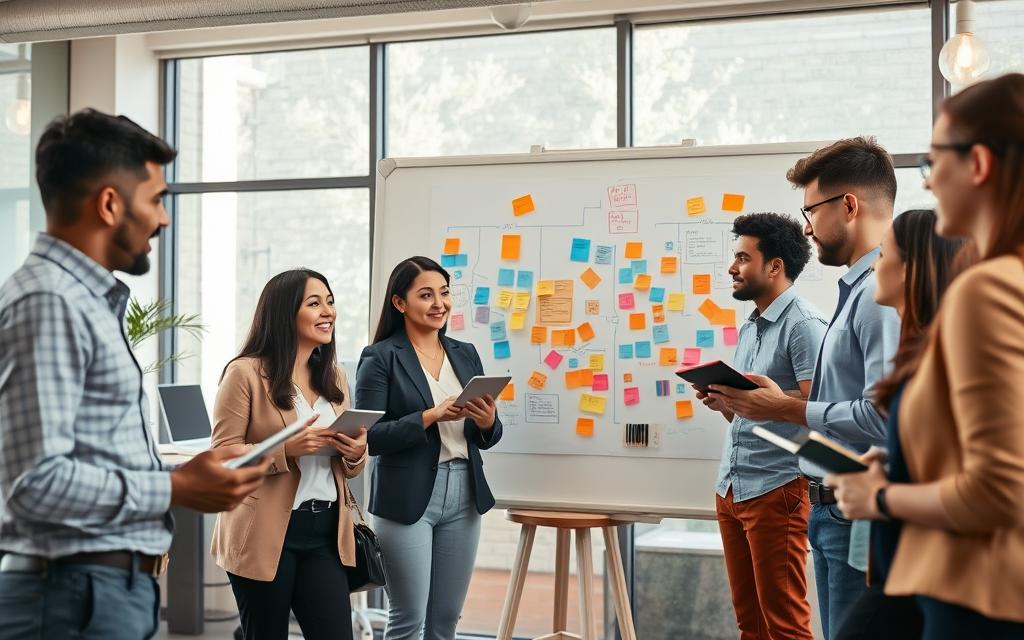 A dynamic workspace scene depicting creativity and innovation. In the foreground, a diverse group of professionals engaged in a brainstorming session, dressed in smart-casual attire, animatedly discussing ideas with digital tablets and sketchpads. In the middle ground, a whiteboard filled with colorful mind maps and sticky notes, showcasing vibrant concepts and innovative plans. The background features a modern office space with large windows allowing natural light to flood in, creating a warm and inspiring atmosphere. Soft, inviting lighting enhances the feeling of collaboration and excitement. The angle is slightly elevated to capture the energy of the scene, illustrating the essence of creativity as a driving force in professional development. A dynamic workspace scene depicting creativity and innovation. In the foreground, a diverse group of professionals engaged in a brainstorming session, dressed in smart-casual attire, animatedly discussing ideas with digital tablets and sketchpads. In the middle ground, a whiteboard filled with colorful mind maps and sticky notes, showcasing vibrant concepts and innovative plans. The background features a modern office space with large windows allowing natural light to flood in, creating a warm and inspiring atmosphere. Soft, inviting lighting enhances the feeling of collaboration and excitement. The angle is slightly elevated to capture the energy of the scene, illustrating the essence of creativity as a driving force in professional development.
