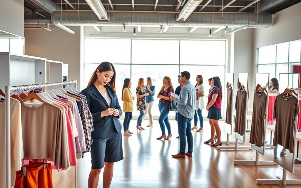 A modern and inviting Shein Free Trial Center with a stylish interior designed for product reviews. In the foreground, a well-dressed woman in professional attire examines clothing items on a sleek display rack, showcasing vibrant, trendy apparel. The middle features neatly arranged trial fittings with mockup mirrors, while small groups of people interact, wearing casual yet polished outfits, discussing their experiences. In the background, large windows allow bright, natural light to flood the space, creating a fresh and energetic atmosphere. The setting should feel welcoming and dynamic, emphasizing community and participation in product testing. Use a slightly elevated angle to capture the vibrancy of the center, focusing on warmth and approachability. A modern and inviting Shein Free Trial Center with a stylish interior designed for product reviews. In the foreground, a well-dressed woman in professional attire examines clothing items on a sleek display rack, showcasing vibrant, trendy apparel. The middle features neatly arranged trial fittings with mockup mirrors, while small groups of people interact, wearing casual yet polished outfits, discussing their experiences. In the background, large windows allow bright, natural light to flood the space, creating a fresh and energetic atmosphere. The setting should feel welcoming and dynamic, emphasizing community and participation in product testing. Use a slightly elevated angle to capture the vibrancy of the center, focusing on warmth and approachability.