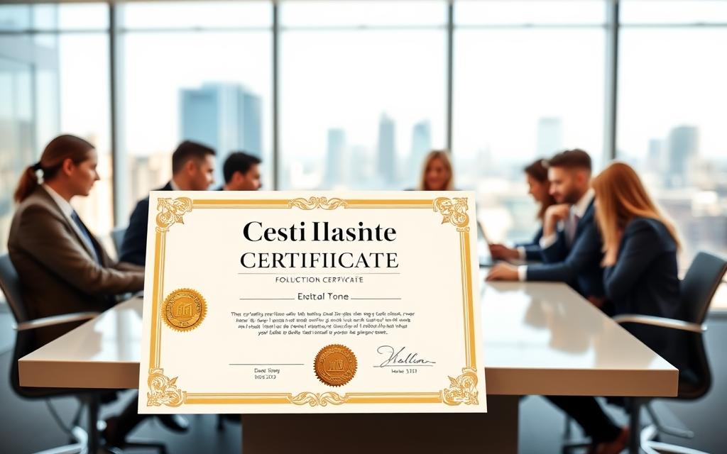 A modern digital certificate prominently displayed in the foreground, crafted with elegant design elements such as a gold seal and intricate borders, symbolizing achievement and recognition. In the middle ground, a diverse group of professionals in business attire—men and women of various ethnicities—are collaborating and discussing around a sleek conference table, engaging with laptops and digital devices. The background features a bright, contemporary office with large windows showcasing a cityscape and abundant natural light, creating an uplifting atmosphere. Soft focus on the background highlights the certificate in the forefront, emphasizing its importance. The overall mood conveys professionalism, accomplishment, and the value of online learning certifications. A modern digital certificate prominently displayed in the foreground, crafted with elegant design elements such as a gold seal and intricate borders, symbolizing achievement and recognition. In the middle ground, a diverse group of professionals in business attire—men and women of various ethnicities—are collaborating and discussing around a sleek conference table, engaging with laptops and digital devices. The background features a bright, contemporary office with large windows showcasing a cityscape and abundant natural light, creating an uplifting atmosphere. Soft focus on the background highlights the certificate in the forefront, emphasizing its importance. The overall mood conveys professionalism, accomplishment, and the value of online learning certifications.
