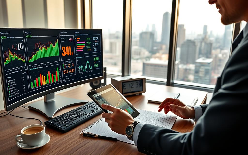 A modern financial monitoring workspace, featuring a sleek desktop with dual monitors displaying colorful graphs and analytical data. In the foreground, a professional person in business attire is using a tablet to track expenses, with a notepad and a coffee cup beside them. In the middle, an organized desk filled with office supplies, and a digital clock showing the time. The background features a large window with natural daylight streaming in, giving a clear view of a city skyline. Soft, inviting lighting creates a warm atmosphere, while the overall mood is one of focus and efficiency. The perspective is slightly angled, emphasizing the technology and the act of careful financial management. A modern financial monitoring workspace, featuring a sleek desktop with dual monitors displaying colorful graphs and analytical data. In the foreground, a professional person in business attire is using a tablet to track expenses, with a notepad and a coffee cup beside them. In the middle, an organized desk filled with office supplies, and a digital clock showing the time. The background features a large window with natural daylight streaming in, giving a clear view of a city skyline. Soft, inviting lighting creates a warm atmosphere, while the overall mood is one of focus and efficiency. The perspective is slightly angled, emphasizing the technology and the act of careful financial management.