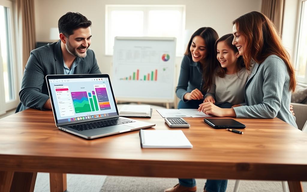 A modern home office, focused on family financial organization, with a sleek wooden desk in the foreground. On the desk, a laptop displays a colorful financial app interface, alongside neatly arranged documents and a calculator. A diverse family of four—father, mother, and two children—are gathered, actively discussing finances with engaging expressions, all dressed in smart casual attire. In the middle ground, a whiteboard with organized financial goals and a chart is visible. The background features a cozy living space, softly lit by natural light streaming through large windows, creating a warm and inviting atmosphere. The mood is focused yet collaborative, embodying the effective use of technology in managing family finances. A modern home office, focused on family financial organization, with a sleek wooden desk in the foreground. On the desk, a laptop displays a colorful financial app interface, alongside neatly arranged documents and a calculator. A diverse family of four—father, mother, and two children—are gathered, actively discussing finances with engaging expressions, all dressed in smart casual attire. In the middle ground, a whiteboard with organized financial goals and a chart is visible. The background features a cozy living space, softly lit by natural light streaming through large windows, creating a warm and inviting atmosphere. The mood is focused yet collaborative, embodying the effective use of technology in managing family finances.