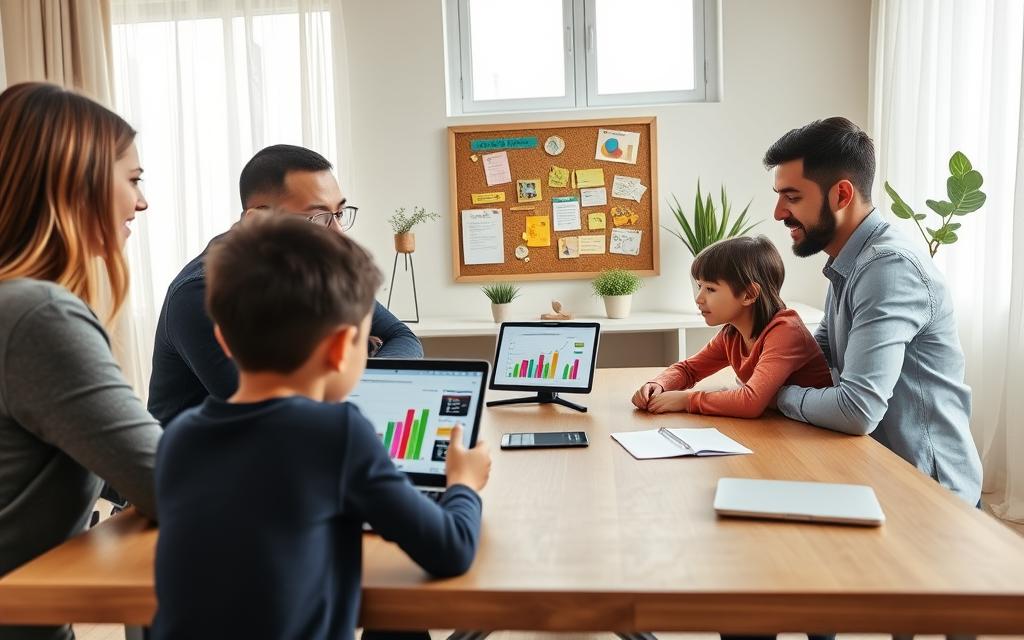 A modern home office scene focused on family budgeting with the aid of technology. In the foreground, a family of four—parents in smart casual attire and children—are gathered around a sleek wooden table, using a laptop and tablet to review their budget. The screen displays colorful graphs and charts, symbolizing financial planning. In the middle, a colorful corkboard on the wall showcases budgeting strategies and family goals, while potted plants add a touch of warmth. The background shows a light-filled room with windows, sheer curtains gently blowing, and minimalist decor, conveying a calm and organized atmosphere. Soft, natural lighting enhances the inviting feel, creating a sense of togetherness and productivity. A modern home office scene focused on family budgeting with the aid of technology. In the foreground, a family of four—parents in smart casual attire and children—are gathered around a sleek wooden table, using a laptop and tablet to review their budget. The screen displays colorful graphs and charts, symbolizing financial planning. In the middle, a colorful corkboard on the wall showcases budgeting strategies and family goals, while potted plants add a touch of warmth. The background shows a light-filled room with windows, sheer curtains gently blowing, and minimalist decor, conveying a calm and organized atmosphere. Soft, natural lighting enhances the inviting feel, creating a sense of togetherness and productivity.