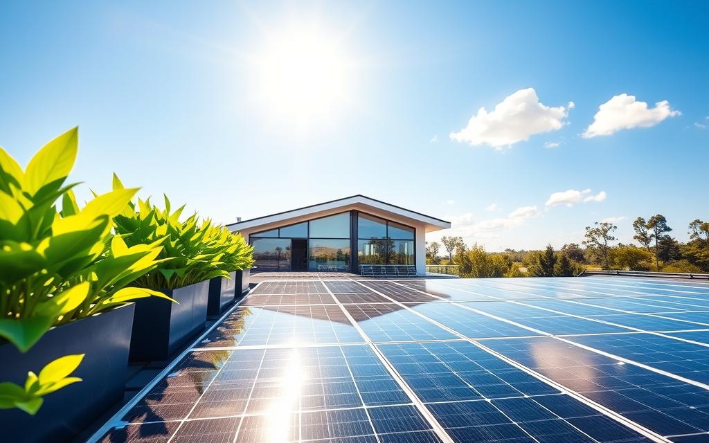 A modern residential rooftop adorned with gleaming solar panels, soaking up sunlight on a clear blue day. In the foreground, vibrant green plants in planters add a touch of nature. The middle ground features a contemporary home with large windows reflecting the sunlight, showcasing energy-efficient design. A bright sun casts warm natural lighting, creating a cheerful atmosphere. The background includes a few fluffy white clouds in a serene sky and distant trees gently swaying in the breeze. Use a wide-angle lens for a sense of openness, highlighting the harmony between technology and sustainable living in an inviting way. The overall mood should be optimistic and forward-thinking, reflecting the benefits of solar energy for homes. A modern residential rooftop adorned with gleaming solar panels, soaking up sunlight on a clear blue day. In the foreground, vibrant green plants in planters add a touch of nature. The middle ground features a contemporary home with large windows reflecting the sunlight, showcasing energy-efficient design. A bright sun casts warm natural lighting, creating a cheerful atmosphere. The background includes a few fluffy white clouds in a serene sky and distant trees gently swaying in the breeze. Use a wide-angle lens for a sense of openness, highlighting the harmony between technology and sustainable living in an inviting way. The overall mood should be optimistic and forward-thinking, reflecting the benefits of solar energy for homes.