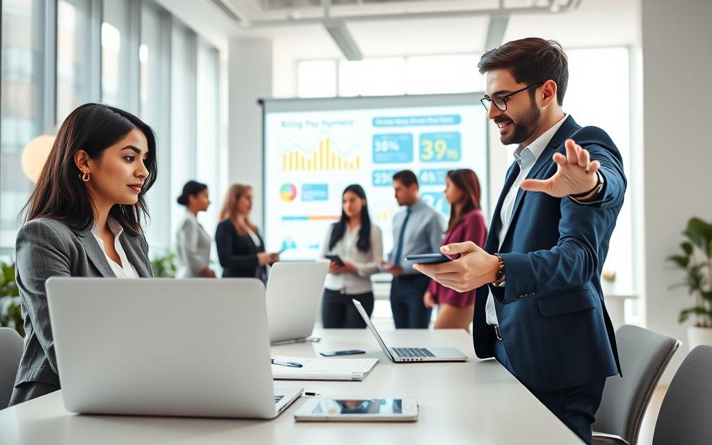 A modern, sleek workspace featuring a diverse group of professionals analyzing digital payment trends. In the foreground, a Hispanic woman in a professional outfit is focused on her laptop with charts displaying rising digital payment statistics. To her right, a Caucasian man gestures towards a colorful infographic projected on a wall, outlining key market trends. In the middle ground, diverse team members engage in a discussion, surrounded by futuristic gadgets like smartphones and tablets. The background shows a bright office with floor-to-ceiling windows, allowing natural light to flood in, creating a vibrant and optimistic atmosphere. The overall mood is collaborative and innovative, emphasizing the pulse of the evolving digital payment landscape. A modern, sleek workspace featuring a diverse group of professionals analyzing digital payment trends. In the foreground, a Hispanic woman in a professional outfit is focused on her laptop with charts displaying rising digital payment statistics. To her right, a Caucasian man gestures towards a colorful infographic projected on a wall, outlining key market trends. In the middle ground, diverse team members engage in a discussion, surrounded by futuristic gadgets like smartphones and tablets. The background shows a bright office with floor-to-ceiling windows, allowing natural light to flood in, creating a vibrant and optimistic atmosphere. The overall mood is collaborative and innovative, emphasizing the pulse of the evolving digital payment landscape.