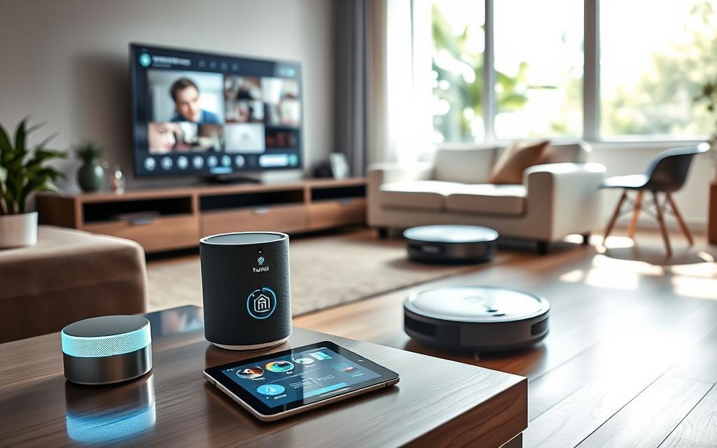 A modern, stylish living room featuring various smart devices that illustrate the integration of artificial intelligence into daily life. In the foreground, a sleek smart speaker with a glowing display sits on a contemporary coffee table, alongside a tablet showing a home automation interface. In the middle, a large smart TV is displaying a home monitoring app, while an automated robot vacuum glides across a polished floor. The background reveals a bright window with greenery outside, creating an inviting atmosphere. Soft, natural lighting filters through the room, casting gentle shadows, enhancing the cozy ambiance. The composition captures a sense of innovation and comfort, portraying how AI is seamlessly woven into home environments. A modern, stylish living room featuring various smart devices that illustrate the integration of artificial intelligence into daily life. In the foreground, a sleek smart speaker with a glowing display sits on a contemporary coffee table, alongside a tablet showing a home automation interface. In the middle, a large smart TV is displaying a home monitoring app, while an automated robot vacuum glides across a polished floor. The background reveals a bright window with greenery outside, creating an inviting atmosphere. Soft, natural lighting filters through the room, casting gentle shadows, enhancing the cozy ambiance. The composition captures a sense of innovation and comfort, portraying how AI is seamlessly woven into home environments.