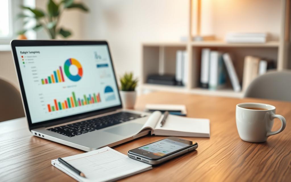 A modern workspace depicting an organized expense tracking scene. In the foreground, a sleek laptop displays a colorful pie chart representing budget categories. Beside it, a notepad filled with neatly written financial notes and a smartphone with a budgeting app open. In the middle ground, a small plant adds a touch of greenery, while a cup of coffee sits next to the laptop, hinting at a productive atmosphere. The background features a soft-focus bookshelf with financial books, creating a cozy and professional ambiance. The lighting is warm and inviting, suggesting an encouraging mood for financial management. The scene captures a sense of control and focus on budgeting, ideal for illustrating effective expense management tools.