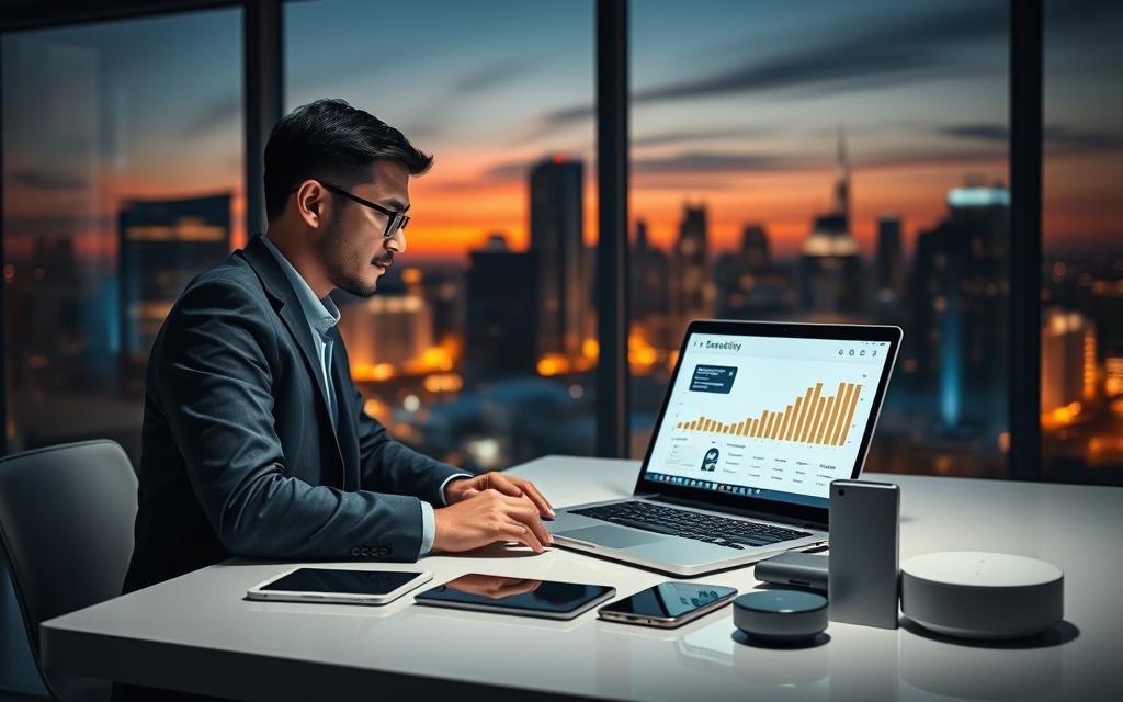 A modern workspace depicting online security best practices. In the foreground, a professional individual in business attire sits at a sleek desk, closely examining a laptop screen displaying cybersecurity metrics. In the middle ground, various digital devices—a smartphone, tablet, and smart home device—are arranged, symbolizing interconnected technology. In the background, a large window reveals a city skyline at dusk, bathed in warm orange and cool blue lighting, creating a harmonious atmosphere. Soft, diffused lighting illuminates the workspace, casting gentle shadows that evoke a sense of calm and focus. The mood should inspire vigilance and awareness, showcasing the importance of protecting personal data in a digital world. A modern workspace depicting online security best practices. In the foreground, a professional individual in business attire sits at a sleek desk, closely examining a laptop screen displaying cybersecurity metrics. In the middle ground, various digital devices—a smartphone, tablet, and smart home device—are arranged, symbolizing interconnected technology. In the background, a large window reveals a city skyline at dusk, bathed in warm orange and cool blue lighting, creating a harmonious atmosphere. Soft, diffused lighting illuminates the workspace, casting gentle shadows that evoke a sense of calm and focus. The mood should inspire vigilance and awareness, showcasing the importance of protecting personal data in a digital world.