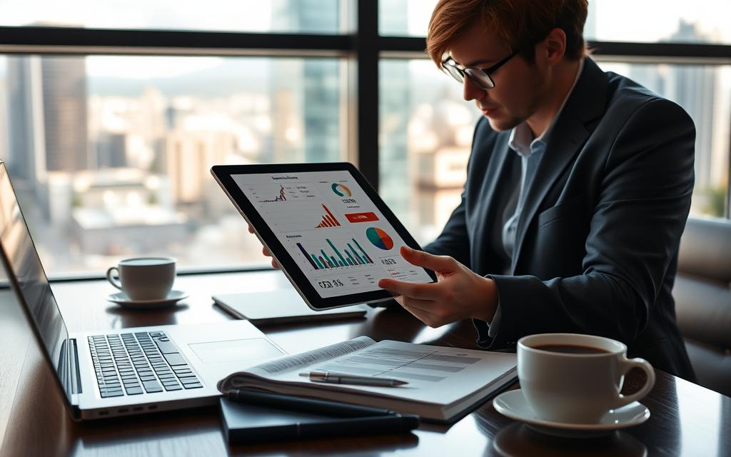 A modern workspace scene focused on financial management. In the foreground, a person in business casual attire is intently reviewing a digital tablet, displaying neatly arranged budget graphs and financial data. The middle ground showcases a sleek desk with a laptop, a notebook filled with financial notes, and a steaming cup of coffee. In the background, a large window reveals a bustling cityscape, hinting at a busy urban environment. Soft natural light filters through the window, casting a warm glow over the scene. The overall mood is focused and productive, emphasizing efficiency and clarity in financial control. The composition captures the essence of managing expenses with digital tools. A modern workspace scene focused on financial management. In the foreground, a person in business casual attire is intently reviewing a digital tablet, displaying neatly arranged budget graphs and financial data. The middle ground showcases a sleek desk with a laptop, a notebook filled with financial notes, and a steaming cup of coffee. In the background, a large window reveals a bustling cityscape, hinting at a busy urban environment. Soft natural light filters through the window, casting a warm glow over the scene. The overall mood is focused and productive, emphasizing efficiency and clarity in financial control. The composition captures the essence of managing expenses with digital tools.