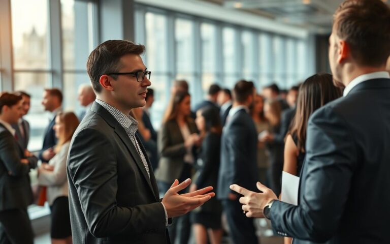 A networking professional engaged in conversation at a modern business networking event. In the foreground, depict a confident individual in professional business attire, gesturing while sharing ideas with another person. The middle ground features a diverse group of professionals, some exchanging business cards and others discussing in small clusters, all showcasing various styles of attire that convey professionalism. In the background, a sleek venue with large windows and elegant décor highlights a vibrant atmosphere, filled with soft, natural light creating a warm ambiance. Use a lens that captures a slight depth of field, focusing on the networking interactions while softly blurring the attendees in the background. The overall mood should be dynamic and collaborative, embodying the essence of opportunity and connection in a professional setting.
