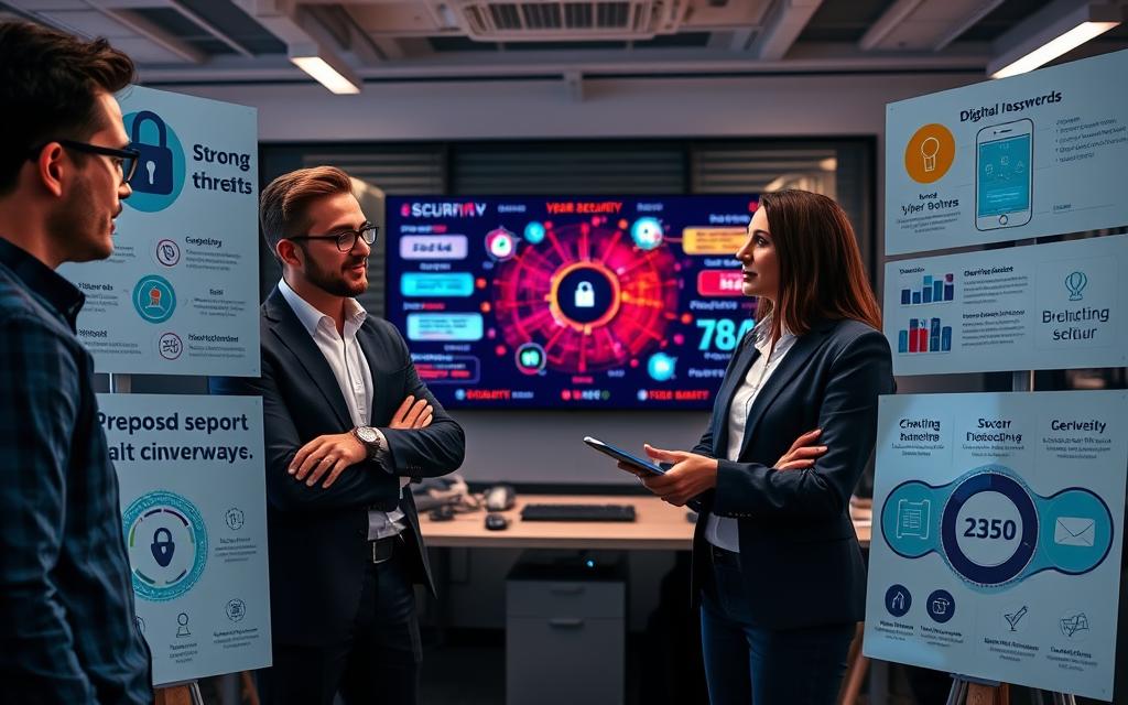 A professional workspace focused on digital security education. In the foreground, a diverse group of three individuals—two men and one woman—engaged in an interactive discussion, all dressed in smart business attire. They are surrounded by diagrams and infographics illustrating digital security concepts, such as strong passwords and secure app usage. In the middle ground, a large screen displays vibrant visuals of cyber threats and protective measures, emphasizing the importance of digital awareness. The background features a modern office with high-tech gadgets, soft ambient lighting that creates a focused yet inviting atmosphere, capturing the essence of collaboration and learning in digital security. The mood is informative and engaging, encouraging proactive digital safety practices. A professional workspace focused on digital security education. In the foreground, a diverse group of three individuals—two men and one woman—engaged in an interactive discussion, all dressed in smart business attire. They are surrounded by diagrams and infographics illustrating digital security concepts, such as strong passwords and secure app usage. In the middle ground, a large screen displays vibrant visuals of cyber threats and protective measures, emphasizing the importance of digital awareness. The background features a modern office with high-tech gadgets, soft ambient lighting that creates a focused yet inviting atmosphere, capturing the essence of collaboration and learning in digital security. The mood is informative and engaging, encouraging proactive digital safety practices.
