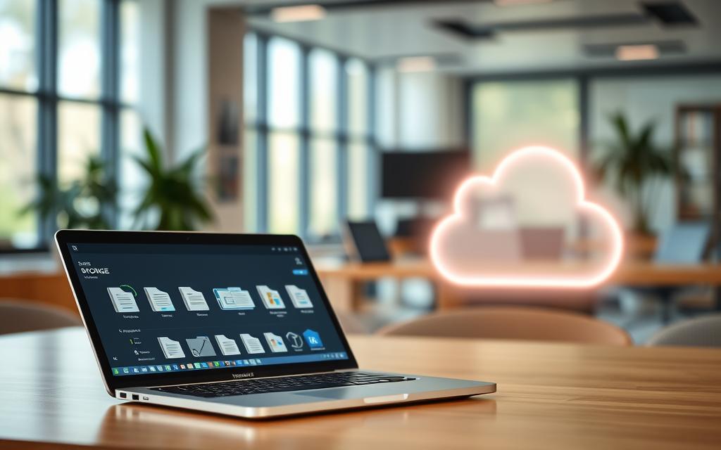 A serene office environment showcasing the theme of "secure cloud storage." In the foreground, a sleek laptop displays a digital interface filled with neatly organized folders and documents, symbolizing efficient document management. The middle ground features a cloud graphic, softly illuminated and blending seamlessly with the technology, conveying the idea of cloud storage. In the background, a modern office setting with large windows allows natural light to pour in, creating a warm, inviting atmosphere. The overall mood is professional and organized, emphasizing clarity and efficiency in personal document management. Use a soft focus on the background to keep attention on the laptop and cloud graphic, capturing the essence of digital organization in an elegant way. A serene office environment showcasing the theme of "secure cloud storage." In the foreground, a sleek laptop displays a digital interface filled with neatly organized folders and documents, symbolizing efficient document management. The middle ground features a cloud graphic, softly illuminated and blending seamlessly with the technology, conveying the idea of cloud storage. In the background, a modern office setting with large windows allows natural light to pour in, creating a warm, inviting atmosphere. The overall mood is professional and organized, emphasizing clarity and efficiency in personal document management. Use a soft focus on the background to keep attention on the laptop and cloud graphic, capturing the essence of digital organization in an elegant way.