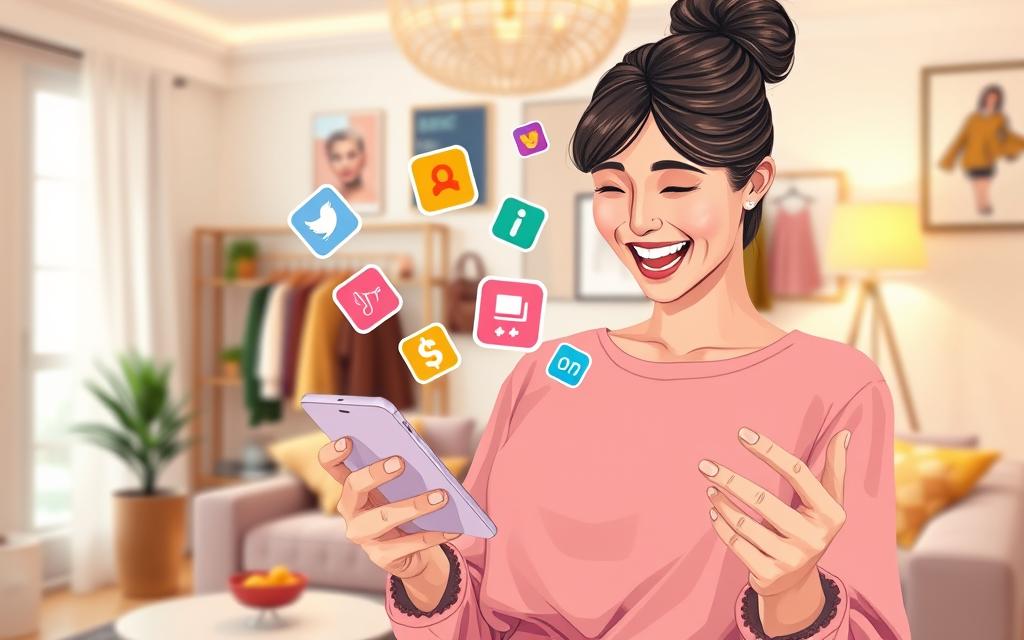 A vibrant and engaging illustration capturing the concept of maximizing Shein rewards. In the foreground, a cheerful young woman, dressed in a stylish yet modest outfit, is joyfully browsing the Shein app on her smartphone, with a visible focus on the rewards section. In the middle, colorful icons representing daily actions that earn points, such as shopping, sharing, and writing reviews, float around her, creating an aura of excitement. The background features a cozy, modern living space adorned with trendy fashion items, reflecting a sense of fashion-forward lifestyle. Soft, warm lighting enhances a welcoming and optimistic atmosphere, with a slight lens blur to create depth. The scene should evoke feelings of motivation and enthusiasm for using rewards effectively at checkout. A vibrant and engaging illustration capturing the concept of maximizing Shein rewards. In the foreground, a cheerful young woman, dressed in a stylish yet modest outfit, is joyfully browsing the Shein app on her smartphone, with a visible focus on the rewards section. In the middle, colorful icons representing daily actions that earn points, such as shopping, sharing, and writing reviews, float around her, creating an aura of excitement. The background features a cozy, modern living space adorned with trendy fashion items, reflecting a sense of fashion-forward lifestyle. Soft, warm lighting enhances a welcoming and optimistic atmosphere, with a slight lens blur to create depth. The scene should evoke feelings of motivation and enthusiasm for using rewards effectively at checkout.