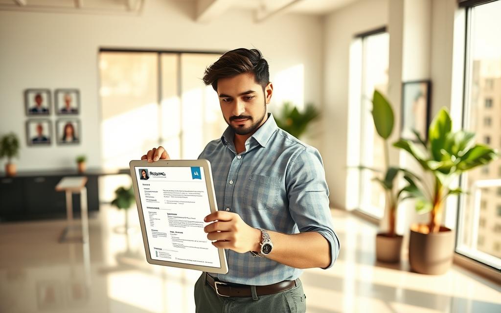 A vibrant and engaging scene illustrating the concept of "How to Increase Your Chances of Being Selected". In the foreground, a confident individual dressed in smart casual attire, reviewing a visually appealing digital resume displayed on a tablet. In the middle ground, a well-lit office environment with a sleek desk and a plant, creating an inviting atmosphere. On the wall, framed images of successful selections or awards add a sense of achievement. In the background, soft daylight filters through large windows, casting gentle shadows. The overall mood is optimistic and professional, emphasizing ambition and readiness without any text or distractions. The composition should use a wide-angle perspective, emphasizing depth and focus on the individual’s determined expression. A vibrant and engaging scene illustrating the concept of "How to Increase Your Chances of Being Selected". In the foreground, a confident individual dressed in smart casual attire, reviewing a visually appealing digital resume displayed on a tablet. In the middle ground, a well-lit office environment with a sleek desk and a plant, creating an inviting atmosphere. On the wall, framed images of successful selections or awards add a sense of achievement. In the background, soft daylight filters through large windows, casting gentle shadows. The overall mood is optimistic and professional, emphasizing ambition and readiness without any text or distractions. The composition should use a wide-angle perspective, emphasizing depth and focus on the individual’s determined expression.