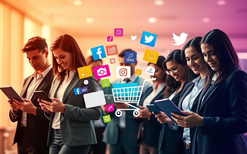 A vibrant digital collage representing the concept of "social media" in the context of online shopping. In the foreground, a diverse group of individuals engaged with their smartphones and laptops, dressed in professional business attire, showcasing a sense of connection and engagement. In the middle ground, colorful social media icons like Facebook, Instagram, and Twitter appear, creatively intertwined with shopping cart symbols and product images, reflecting their role in e-commerce. The background features a soft gradient of warm colors, illuminated by bright, friendly lighting that creates an inviting atmosphere. The viewpoint should be slightly above eye level, capturing both the interaction and the dynamic, lively essence of social media in the shopping experience. The overall mood is professional yet engaging, emphasizing trust and security in online purchases. A vibrant digital collage representing the concept of "social media" in the context of online shopping. In the foreground, a diverse group of individuals engaged with their smartphones and laptops, dressed in professional business attire, showcasing a sense of connection and engagement. In the middle ground, colorful social media icons like Facebook, Instagram, and Twitter appear, creatively intertwined with shopping cart symbols and product images, reflecting their role in e-commerce. The background features a soft gradient of warm colors, illuminated by bright, friendly lighting that creates an inviting atmosphere. The viewpoint should be slightly above eye level, capturing both the interaction and the dynamic, lively essence of social media in the shopping experience. The overall mood is professional yet engaging, emphasizing trust and security in online purchases.