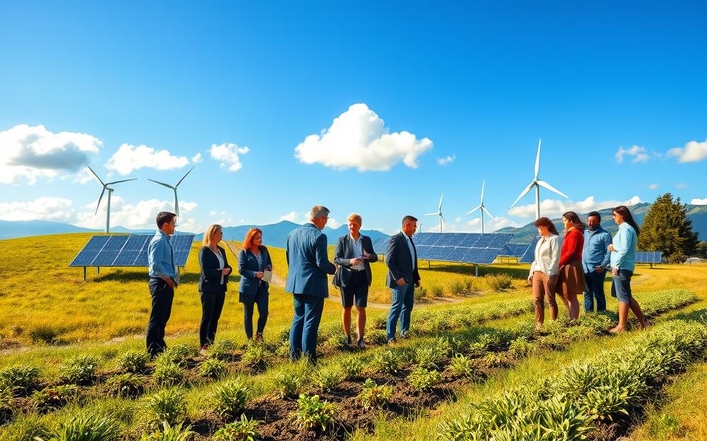 A vibrant, harmonious landscape showcasing sustainability in action. In the foreground, a diverse group of people in professional business attire are engaged in collaborative discussions around a community garden, planting native vegetation. The middle ground features solar panels on a grassy hill and wind turbines gently rotating in the breeze, symbolizing renewable energy. The background is filled with a clear blue sky, fluffy white clouds, and a distant mountain range, emphasizing the beauty of nature. Soft, warm lighting bathes the scene, creating an inviting and optimistic atmosphere. The angle captures a wide view, highlighting both human effort and the lush environment. A vibrant, harmonious landscape showcasing sustainability in action. In the foreground, a diverse group of people in professional business attire are engaged in collaborative discussions around a community garden, planting native vegetation. The middle ground features solar panels on a grassy hill and wind turbines gently rotating in the breeze, symbolizing renewable energy. The background is filled with a clear blue sky, fluffy white clouds, and a distant mountain range, emphasizing the beauty of nature. Soft, warm lighting bathes the scene, creating an inviting and optimistic atmosphere. The angle captures a wide view, highlighting both human effort and the lush environment.