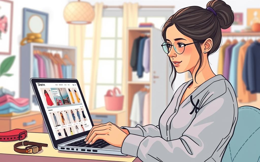A vibrant illustration depicting the process of submitting a review on Shein. In the foreground, a young woman in modest casual clothing is focused on her laptop, showcasing a clear view of the Shein website with visible product images and review sections open. Her expression shows enthusiasm and determination. In the middle ground, a desk cluttered with clothing items and accessories adds context to her experience. The background features a softly lit room, with light streaming through a window, creating a warm and inviting atmosphere. Use a shallow depth of field to highlight the woman and her laptop while subtly blurring the background elements. The overall mood is productive and positive, encouraging user engagement with the Shein platform. A vibrant illustration depicting the process of submitting a review on Shein. In the foreground, a young woman in modest casual clothing is focused on her laptop, showcasing a clear view of the Shein website with visible product images and review sections open. Her expression shows enthusiasm and determination. In the middle ground, a desk cluttered with clothing items and accessories adds context to her experience. The background features a softly lit room, with light streaming through a window, creating a warm and inviting atmosphere. Use a shallow depth of field to highlight the woman and her laptop while subtly blurring the background elements. The overall mood is productive and positive, encouraging user engagement with the Shein platform.