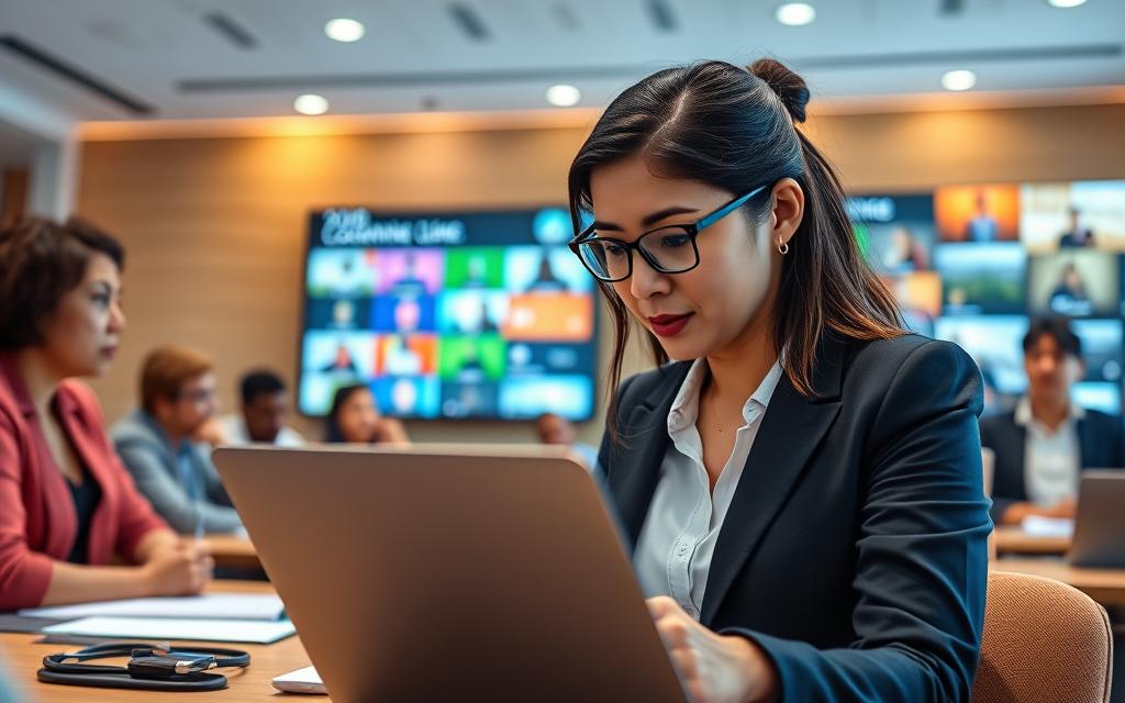 A vibrant online learning environment featuring a diverse group of adult learners engaged in a virtual classroom setting. In the foreground, showcase a professional-looking woman wearing business attire, focused on her laptop, taking notes. In the middle ground, include a virtual display of various course subjects like coding, graphic design, and business management, represented by colorful icons and screens. The background should depict an inviting digital landscape, with soft lighting suggesting warmth and positivity, evoking a feeling of motivation and growth. Use a wide-angle lens perspective to capture the dynamic atmosphere of collaborative online education, emphasizing the interconnectedness of learners. A vibrant online learning environment featuring a diverse group of adult learners engaged in a virtual classroom setting. In the foreground, showcase a professional-looking woman wearing business attire, focused on her laptop, taking notes. In the middle ground, include a virtual display of various course subjects like coding, graphic design, and business management, represented by colorful icons and screens. The background should depict an inviting digital landscape, with soft lighting suggesting warmth and positivity, evoking a feeling of motivation and growth. Use a wide-angle lens perspective to capture the dynamic atmosphere of collaborative online education, emphasizing the interconnectedness of learners.