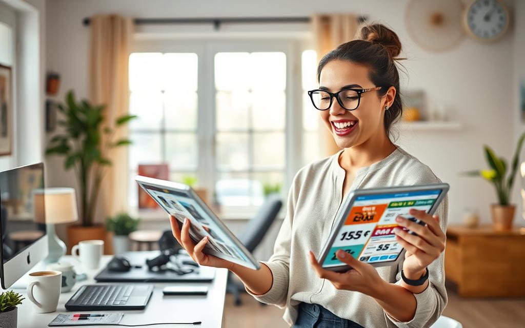 A vibrant scene capturing the essence of "taking advantage of offers" in a digital context. In the foreground, a stylish, young professional woman in modest casual attire is joyfully using a tablet to browse various online deals, her expression one of excitement and satisfaction. The middle ground features a cozy home office setup with a desk filled with gadgets, a coffee cup, and a plant, symbolizing a productive yet relaxed atmosphere. In the background, a large window allows natural light to flood in, creating a warm ambiance. The overall mood is optimistic and inspiring, reflecting the idea of maximizing savings through smart digital choices. The lighting is bright yet soft, enhancing the inviting environment. A vibrant scene capturing the essence of "taking advantage of offers" in a digital context. In the foreground, a stylish, young professional woman in modest casual attire is joyfully using a tablet to browse various online deals, her expression one of excitement and satisfaction. The middle ground features a cozy home office setup with a desk filled with gadgets, a coffee cup, and a plant, symbolizing a productive yet relaxed atmosphere. In the background, a large window allows natural light to flood in, creating a warm ambiance. The overall mood is optimistic and inspiring, reflecting the idea of maximizing savings through smart digital choices. The lighting is bright yet soft, enhancing the inviting environment.