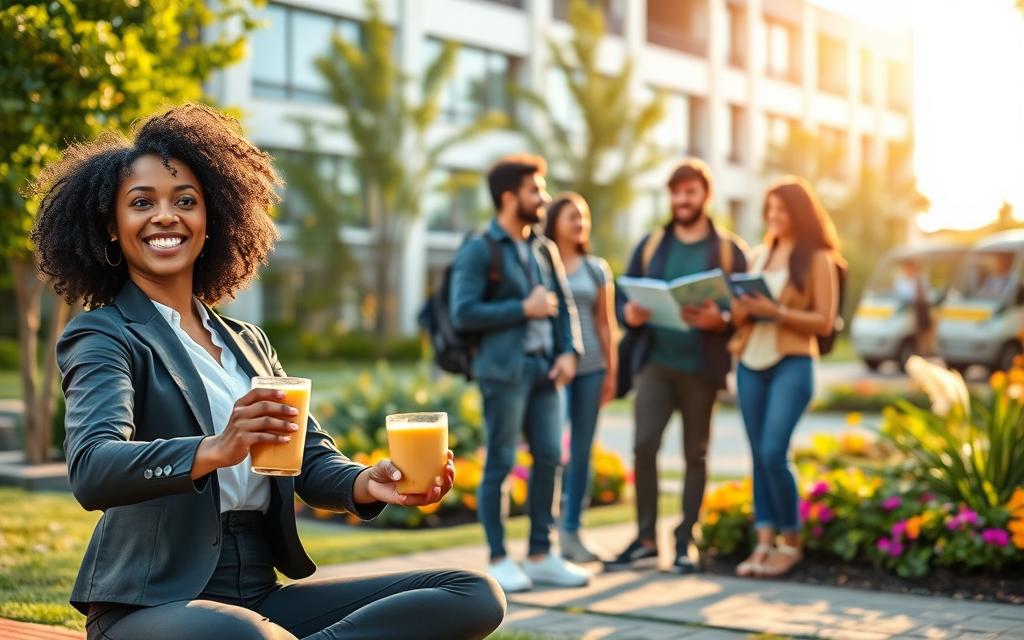 A vibrant scene depicting a diverse group of university students engaged in health and wellness activities. In the foreground, a young woman with curly hair in professional attire smiles as she practices yoga on a mat. Next to her, a young man in casual clothing holds a smoothie, promoting healthy living. In the middle ground, two students discuss a health pamphlet, surrounded by lush greenery and colorful flowers. The background features a modern campus building, bathed in warm sunlight, creating an inviting atmosphere. Soft, natural lighting highlights the cheerful expressions of the students as they embrace a healthy lifestyle. The overall mood is energetic and uplifting, emphasizing the importance of health and well-being for students. A vibrant scene depicting a diverse group of university students engaged in health and wellness activities. In the foreground, a young woman with curly hair in professional attire smiles as she practices yoga on a mat. Next to her, a young man in casual clothing holds a smoothie, promoting healthy living. In the middle ground, two students discuss a health pamphlet, surrounded by lush greenery and colorful flowers. The background features a modern campus building, bathed in warm sunlight, creating an inviting atmosphere. Soft, natural lighting highlights the cheerful expressions of the students as they embrace a healthy lifestyle. The overall mood is energetic and uplifting, emphasizing the importance of health and well-being for students.