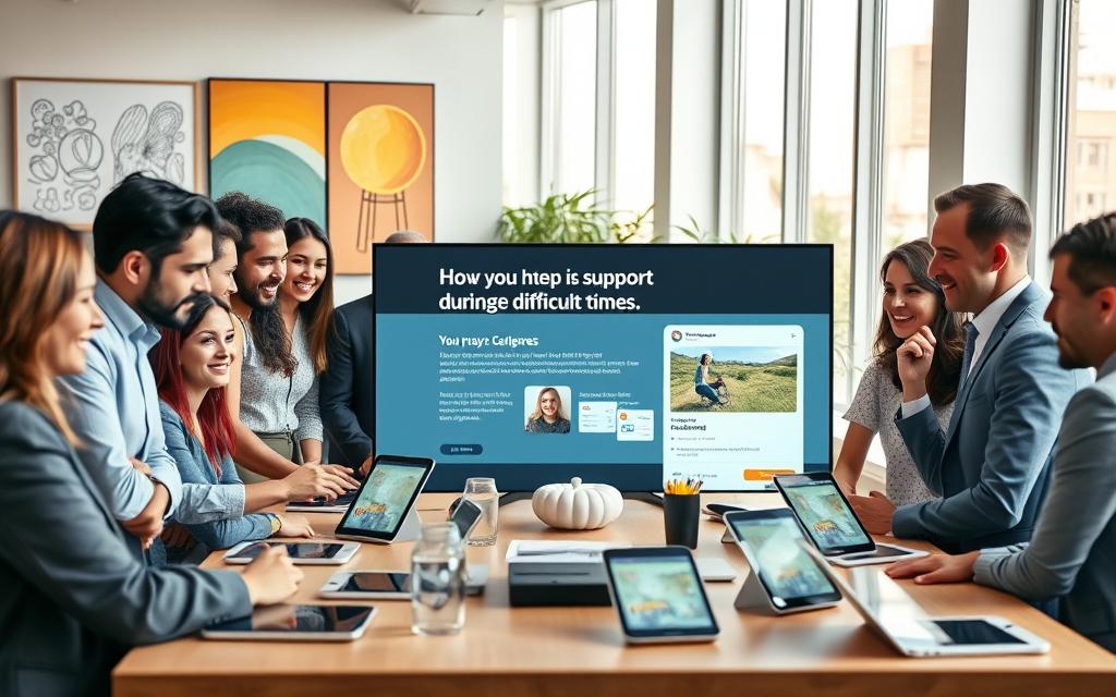 A vibrant scene showcasing the concept of crowdfunding. In the foreground, a diverse group of individuals, dressed in professional business attire, enthusiastically discussing project ideas around a table filled with digital devices displaying crowdfunding platforms. In the middle ground, a large screen illustrates a crowdfunding campaign with creative visuals, like project sketches and funding goals. The background features a modern office environment, with inspiring artwork and large windows allowing natural light to flood the space, creating a warm and collaborative atmosphere. Soft lighting enhances the focus on the group and screen, conveying a sense of hope and innovation in financial support during difficult times. A vibrant scene showcasing the concept of crowdfunding. In the foreground, a diverse group of individuals, dressed in professional business attire, enthusiastically discussing project ideas around a table filled with digital devices displaying crowdfunding platforms. In the middle ground, a large screen illustrates a crowdfunding campaign with creative visuals, like project sketches and funding goals. The background features a modern office environment, with inspiring artwork and large windows allowing natural light to flood the space, creating a warm and collaborative atmosphere. Soft lighting enhances the focus on the group and screen, conveying a sense of hope and innovation in financial support during difficult times.