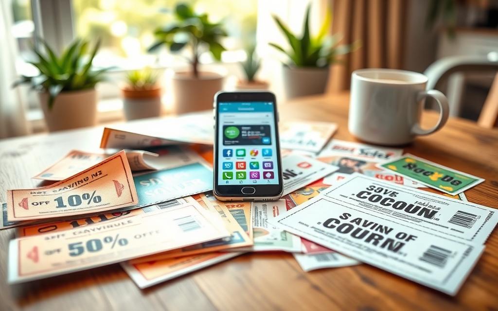 A visually appealing arrangement of discount coupons spread out on a wooden table. In the foreground, several colorful coupons showcase various discount percentages and promotions, with one coupon slightly lifted to highlight its vibrant design. In the middle, a smartphone displaying a savings app is partially obscured by the coupons, symbolizing modern savings strategies. The background features a cozy, sunlit room with potted plants and a coffee mug, creating a warm and inviting atmosphere. Soft afternoon light filters through a nearby window, casting gentle shadows and enhancing the colors of the coupons. The overall mood is motivating and resourceful, inspiring the viewer to consider practical ways to maximize their savings. A visually appealing arrangement of discount coupons spread out on a wooden table. In the foreground, several colorful coupons showcase various discount percentages and promotions, with one coupon slightly lifted to highlight its vibrant design. In the middle, a smartphone displaying a savings app is partially obscured by the coupons, symbolizing modern savings strategies. The background features a cozy, sunlit room with potted plants and a coffee mug, creating a warm and inviting atmosphere. Soft afternoon light filters through a nearby window, casting gentle shadows and enhancing the colors of the coupons. The overall mood is motivating and resourceful, inspiring the viewer to consider practical ways to maximize their savings.