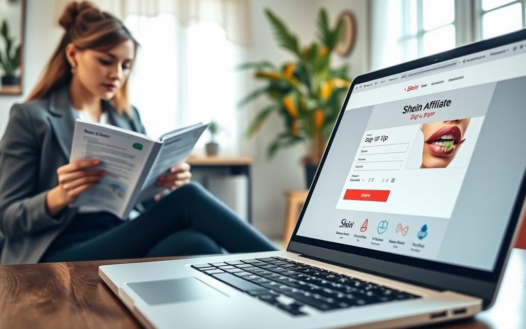 A visually engaging scene depicting the Shein affiliate program sign-up process. In the foreground, a laptop is open, displaying the Shein affiliate program webpage, with clear elements like the sign-up form and logos. To the left, a young professional woman wearing stylish business attire is attentively reading a notepad filled with application tips, taking notes. The middle ground features a cozy, well-lit home office setting with a colorful plant and chic decor, creating an inviting atmosphere. In the background, soft natural light filters through a window, subtly illuminating the workspace. The overall mood should convey professionalism and enthusiasm as one embarks on an affiliate marketing journey with Shein. The angle should be slightly overhead, focusing on the interaction between the woman and the laptop without clutter. A visually engaging scene depicting the Shein affiliate program sign-up process. In the foreground, a laptop is open, displaying the Shein affiliate program webpage, with clear elements like the sign-up form and logos. To the left, a young professional woman wearing stylish business attire is attentively reading a notepad filled with application tips, taking notes. The middle ground features a cozy, well-lit home office setting with a colorful plant and chic decor, creating an inviting atmosphere. In the background, soft natural light filters through a window, subtly illuminating the workspace. The overall mood should convey professionalism and enthusiasm as one embarks on an affiliate marketing journey with Shein. The angle should be slightly overhead, focusing on the interaction between the woman and the laptop without clutter.