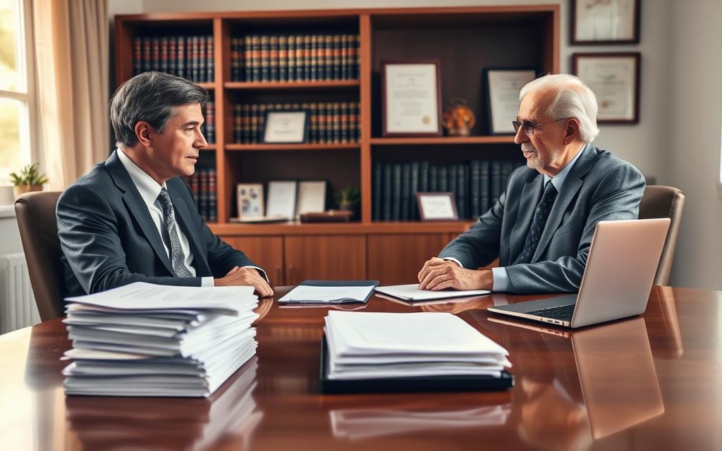 A warm and inviting scene in a legal office, depicting a compassionate lawyer sitting across a polished wooden desk from an elderly client. The lawyer, dressed in professional business attire, is attentively listening as the elderly person, wearing modest and comfortable clothing, shares concerns. In the foreground, stacks of legal documents and a laptop are meticulously arranged on the desk, symbolizing assistance and guidance. In the middle background, shelves filled with law books and framed certificates add an air of credibility. Soft, natural light filters in through a nearby window, creating a serene atmosphere. The overall mood is one of trust and professionalism, emphasizing legal support tailored for seniors. A warm and inviting scene in a legal office, depicting a compassionate lawyer sitting across a polished wooden desk from an elderly client. The lawyer, dressed in professional business attire, is attentively listening as the elderly person, wearing modest and comfortable clothing, shares concerns. In the foreground, stacks of legal documents and a laptop are meticulously arranged on the desk, symbolizing assistance and guidance. In the middle background, shelves filled with law books and framed certificates add an air of credibility. Soft, natural light filters in through a nearby window, creating a serene atmosphere. The overall mood is one of trust and professionalism, emphasizing legal support tailored for seniors.