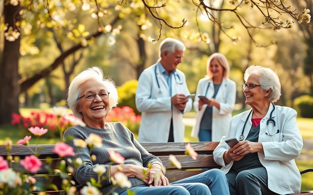 A warm, inviting scene depicting elderly individuals engaging in various supportive activities that represent the government benefits for seniors. In the foreground, a cheerful elderly couple enjoys a park bench, surrounded by blooming flowers, symbolizing companionship and community support. In the middle ground, a friendly healthcare professional interacts with another senior, discussing health benefits and services. The background features a serene park setting, with soft sunlight filtering through tree branches, casting gentle shadows. Use a shallow depth of field to focus on the faces of the seniors, capturing expressions of joy and reassurance. The colors should be warm and uplifting, creating a positive and hopeful mood, highlighting the invaluable benefits available to the elderly population. A warm, inviting scene depicting elderly individuals engaging in various supportive activities that represent the government benefits for seniors. In the foreground, a cheerful elderly couple enjoys a park bench, surrounded by blooming flowers, symbolizing companionship and community support. In the middle ground, a friendly healthcare professional interacts with another senior, discussing health benefits and services. The background features a serene park setting, with soft sunlight filtering through tree branches, casting gentle shadows. Use a shallow depth of field to focus on the faces of the seniors, capturing expressions of joy and reassurance. The colors should be warm and uplifting, creating a positive and hopeful mood, highlighting the invaluable benefits available to the elderly population.