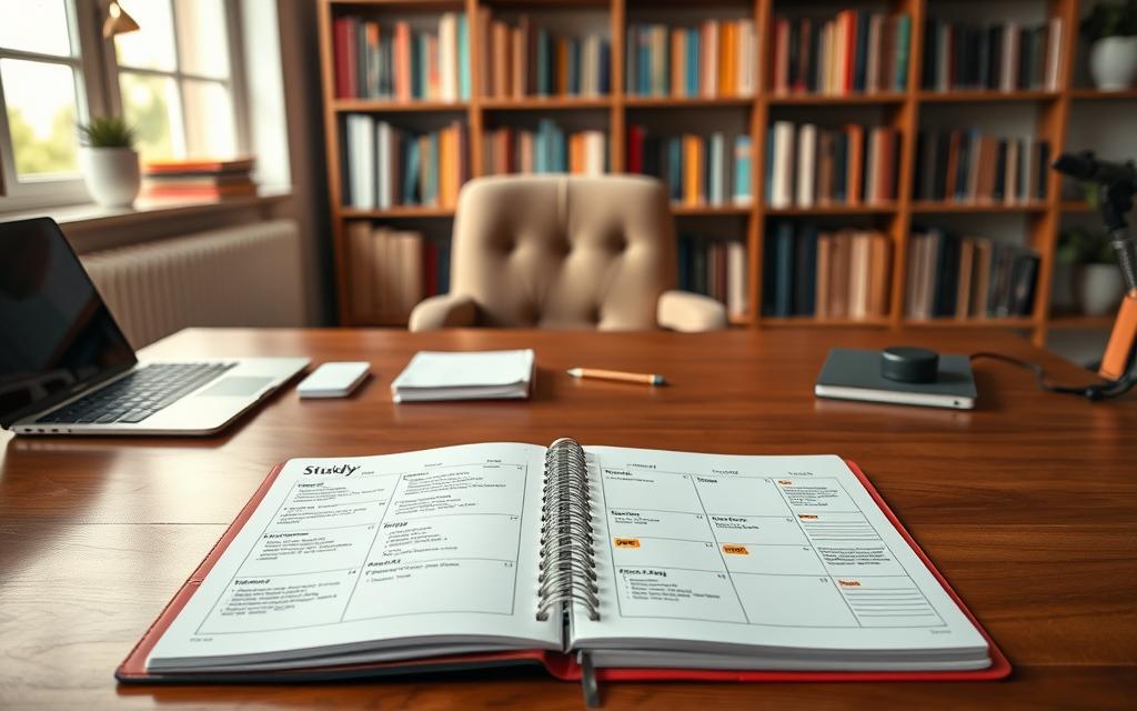 A well-organized study schedule displayed on a large, polished wooden desk in a cozy study room. The foreground features an elegantly designed planner open to a weekly section, filled with neatly written time blocks and study subjects in different colors. A sleek laptop is positioned on the side, with notes and papers slightly scattered around, showcasing a focused study environment. In the middle, a comfortable chair is angled towards the desk, enhancing the inviting atmosphere. The background reveals a bookshelf filled with colorful books and a window allowing soft, natural light to filter in, casting a warm glow across the scene. The mood is calm and productive, embodying the essence of effective study planning. A subtle depth of field emphasizes the planner while keeping other elements gently blurred.