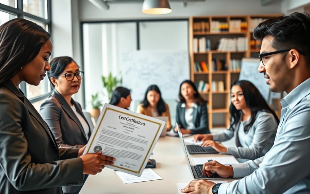 An office scene featuring diverse employers engaged in a thoughtful discussion about certificates. In the foreground, two professional individuals, a Black woman in a tailored suit and a Hispanic man in smart casual attire, are examining a document that displays a certificate. In the middle ground, a group of professionals, including an Asian woman and a Caucasian man, are seated at a conference table with laptops and notepads, reflecting on the impact of certifications. The background shows a modern office with large windows letting in natural light, shelves filled with books, and a whiteboard with brainstorming notes. The atmosphere is one of professionalism and contemplation, capturing a serious yet collaborative mood. Soft lighting highlights the expressions of curiosity and engagement on the participants’ faces. An office scene featuring diverse employers engaged in a thoughtful discussion about certificates. In the foreground, two professional individuals, a Black woman in a tailored suit and a Hispanic man in smart casual attire, are examining a document that displays a certificate. In the middle ground, a group of professionals, including an Asian woman and a Caucasian man, are seated at a conference table with laptops and notepads, reflecting on the impact of certifications. The background shows a modern office with large windows letting in natural light, shelves filled with books, and a whiteboard with brainstorming notes. The atmosphere is one of professionalism and contemplation, capturing a serious yet collaborative mood. Soft lighting highlights the expressions of curiosity and engagement on the participants’ faces.