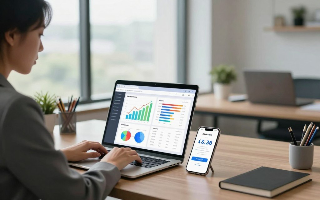 A serene office environment featuring a modern workspace equipped with a sleek laptop and a smartphone displaying automated payment notifications. In the foreground, a professional woman in business attire types on her laptop, her expression focused and efficient. The middle layer showcases a digital dashboard on the laptop screen with colorful graphs indicating savings and automated transactions. In the background, large windows let in soft, natural light, creating a bright and inviting atmosphere. Subtle details include potted plants and organized stationery, emphasizing a sense of professionalism and calm. The overall mood is one of efficiency and modernity, highlighting the convenience and advantages of automated payments. A serene office environment featuring a modern workspace equipped with a sleek laptop and a smartphone displaying automated payment notifications. In the foreground, a professional woman in business attire types on her laptop, her expression focused and efficient. The middle layer showcases a digital dashboard on the laptop screen with colorful graphs indicating savings and automated transactions. In the background, large windows let in soft, natural light, creating a bright and inviting atmosphere. Subtle details include potted plants and organized stationery, emphasizing a sense of professionalism and calm. The overall mood is one of efficiency and modernity, highlighting the convenience and advantages of automated payments.
