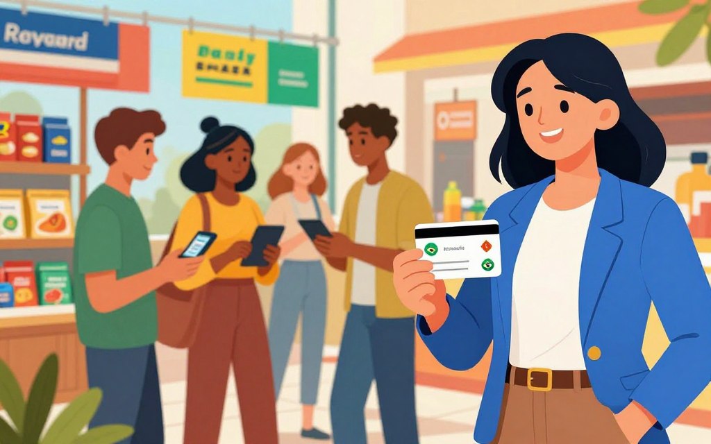 A vibrant and eye-catching illustration depicting various reward programs in Brazil. In the foreground, showcase a cheerful business professional in smart casual attire, holding a rewards card with symbols of popular Brazilian brands. In the middle, create a diverse group of people interacting with digital devices, displaying loyalty apps and coupons. The background should feature a lively marketplace setting, with banners advertising different reward programs and an array of enticing products on offer. The scene is illuminated with bright, natural lighting, evoking a sense of positivity and opportunity. Utilize a slightly angled perspective to add depth, capturing the bustling atmosphere of everyday savings through reward programs. The mood is uplifting and engaging, inviting viewers to explore the benefits of these initiatives. A vibrant and eye-catching illustration depicting various reward programs in Brazil. In the foreground, showcase a cheerful business professional in smart casual attire, holding a rewards card with symbols of popular Brazilian brands. In the middle, create a diverse group of people interacting with digital devices, displaying loyalty apps and coupons. The background should feature a lively marketplace setting, with banners advertising different reward programs and an array of enticing products on offer. The scene is illuminated with bright, natural lighting, evoking a sense of positivity and opportunity. Utilize a slightly angled perspective to add depth, capturing the bustling atmosphere of everyday savings through reward programs. The mood is uplifting and engaging, inviting viewers to explore the benefits of these initiatives.