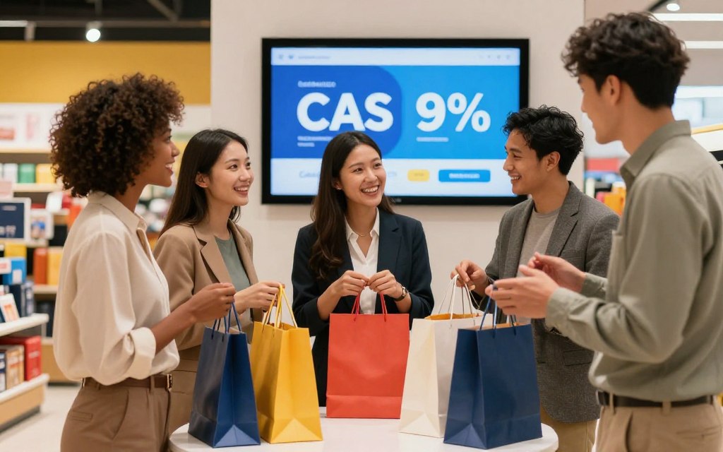 A vibrant and inviting scene showcasing diverse individuals in a modern retail environment, celebrating their successful cashback experiences. In the foreground, a group of three professionals, dressed in smart casual business attire, gather around a table displaying various shopping bags filled with items they've purchased. Their expressions show joy and satisfaction, highlighting the benefits of cashback rewards. In the middle ground, a display screen shows animated graphics illustrating cashback percentages and success stories. The background features a well-lit store with colorful product displays. Soft, warm lighting creates a welcoming atmosphere, while a slight lens blur adds focus to the cheerful group. The overall mood exudes positivity and success in shopping habits. A vibrant and inviting scene showcasing diverse individuals in a modern retail environment, celebrating their successful cashback experiences. In the foreground, a group of three professionals, dressed in smart casual business attire, gather around a table displaying various shopping bags filled with items they've purchased. Their expressions show joy and satisfaction, highlighting the benefits of cashback rewards. In the middle ground, a display screen shows animated graphics illustrating cashback percentages and success stories. The background features a well-lit store with colorful product displays. Soft, warm lighting creates a welcoming atmosphere, while a slight lens blur adds focus to the cheerful group. The overall mood exudes positivity and success in shopping habits.