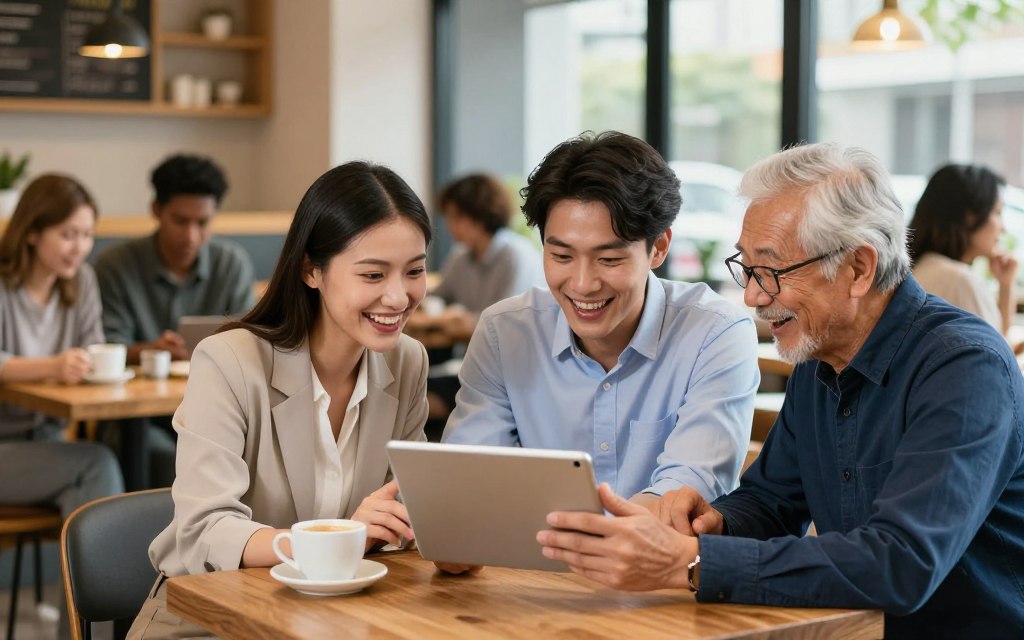 A vibrant scene showcasing a diverse group of users sharing their positive experiences with benefit and discount applications. In the foreground, three individuals, a smiling woman in business casual attire, a young man in a neat shirt, and an older person in smart casual clothing, are gathered around a tablet, looking excited and engaged. The middle layer features a cozy coffee shop setting with warm lighting, wooden tables, and friendly decor, reflecting a welcoming atmosphere. In the background, subtly blurred, you can see other patrons enjoying their time, creating a sense of community. The natural light filters through large windows, highlighting the users’ expressions of satisfaction and joy. The overall mood is uplifting and encouraging, inviting viewers to engage with the subject matter. A vibrant scene showcasing a diverse group of users sharing their positive experiences with benefit and discount applications. In the foreground, three individuals, a smiling woman in business casual attire, a young man in a neat shirt, and an older person in smart casual clothing, are gathered around a tablet, looking excited and engaged. The middle layer features a cozy coffee shop setting with warm lighting, wooden tables, and friendly decor, reflecting a welcoming atmosphere. In the background, subtly blurred, you can see other patrons enjoying their time, creating a sense of community. The natural light filters through large windows, highlighting the users’ expressions of satisfaction and joy. The overall mood is uplifting and encouraging, inviting viewers to engage with the subject matter.